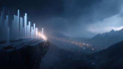 Budget deficit warning sign appears like fiscal cliff with glowing bars on rocky edge under dark cloudy sky creating dramatic scene