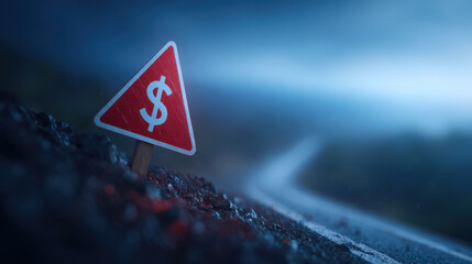 Budget deficit warning sign with fiscal cliff concept showing financial risk and economic uncertainty on blurred road background