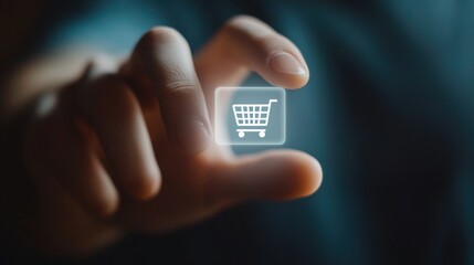 A finger hovers over a digital shopping cart icon, symbolizing online shopping and e-commerce engagement.