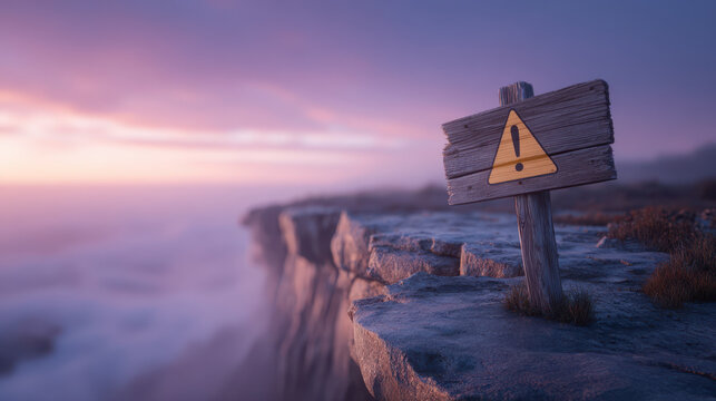 Warning sign on wooden post near cliff edge at sunset with soft light and foggy background showing fiscal budget deficit cliff warning sign