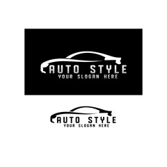 Automotive style car logo design with vector sports vehicle icon silhouette.