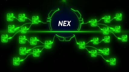 Futuristic neon green network nodes connecting to central N E X hub digital data flow abstract - Powered by Adobe