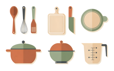 Set of kitchen utensils and cookware isolated on transparent background