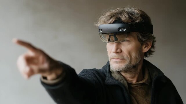 User manipulating holographic interface through neural headset, emotion of amazement visible, symbolizing immersive computing, neurocontrol, and AI-augmented human experience. cinematic color
