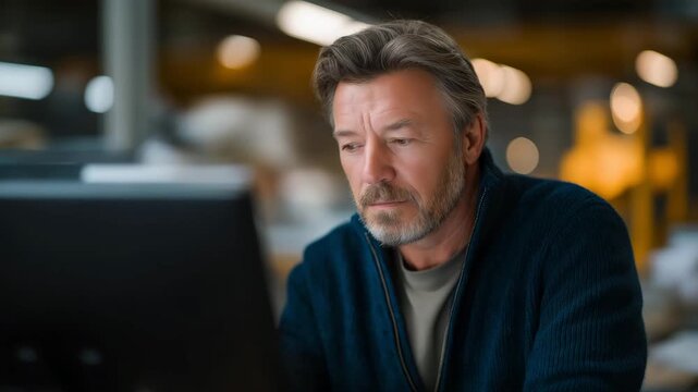 Veteran engineer supervising robotic maintenance through holographic interface, emotion of concentration visible, showcasing experienced professionals guiding modern AI machinery in evolving smart