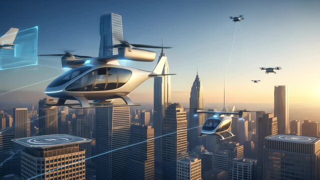 A network of autonomous flying vehicles navigates a futuristic city, showcasing future urban mobility