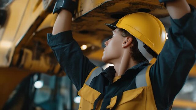 Worker wearing AI-enhanced exoskeleton lifting heavy equipment in factory, emotion of strength visible, representing industrial safety innovation, human-robot collaboration, and ergonomic support