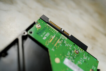Close-up view of the internal circuitry of a hard disk