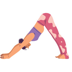 Woman in Downward Dog Yoga Pose with Pink Camouflage Pants and Purple Sports Bra Practicing on Transparent Background