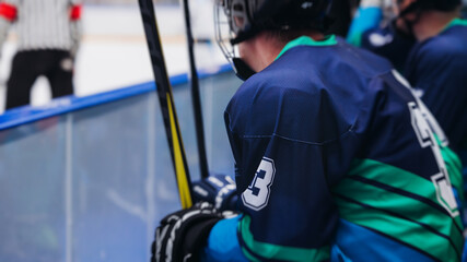 Hockey match game on ice rink arena stadium, team of ice hockey professional players with coach,...