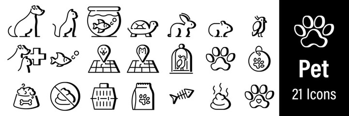 Line icons of pets and veterinary care. Includes dog, cat, fish, turtle, pet shop, and grooming symbols
