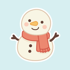 Cute Snowman Sticker with Red Scarf and Twig Arms for Winter Holiday Themes. Winter Illustration