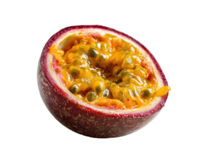 Close-up of passion fruit half, vibrant colors