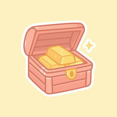 Opened Treasure Chest Sticker Full of Glowing Gold Bars and Riches Isolated Vector Illustration