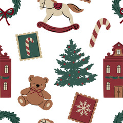 Cute Christmas illustration with xmas decor elements. Hand-drawn holiday vector illustration. Happy New Year's seamless pattern