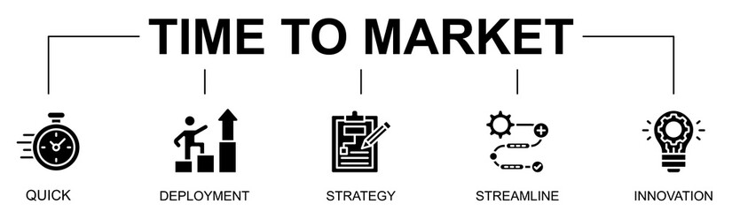 Time to Market banner web icon vector glyph style illustration concept with icon of time to market, product launch, innovation, deployment, quick process, streamline, business strategy
