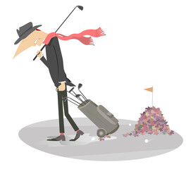 Autumn on the golf course.  Sad golfer man in the warm clothes with a golf club on the shoulder and golf bag walks away from the golf course