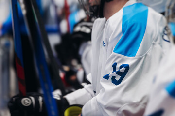 Hockey match game on ice rink arena stadium, team of ice hockey professional players with coach,...