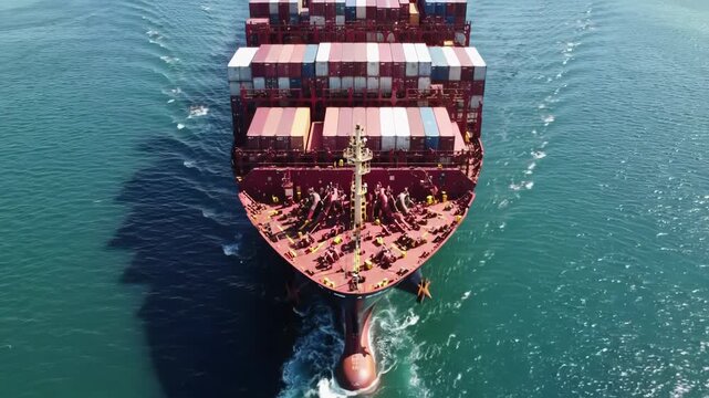 Colossal rust-red container ship, drone video, slicing calm azure ocean, foamy wave, wake. Colorful containers, machinery, high noon sun. Global maritime transport concept