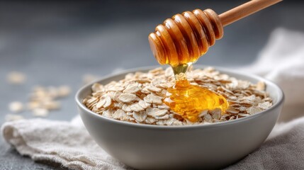 A bowl of oatmeal with honey drizzled on top