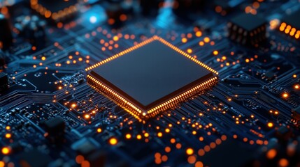 A close-up of a modern microchip on a circuit board, showcasing glowing connections and intricate details in a high-tech environment.
