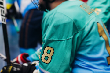 Hockey match game on ice rink arena stadium, team of ice hockey professional players with coach,...