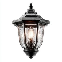 Elegant Black Outdoor Lantern with Seeded Glass and Water Droplets