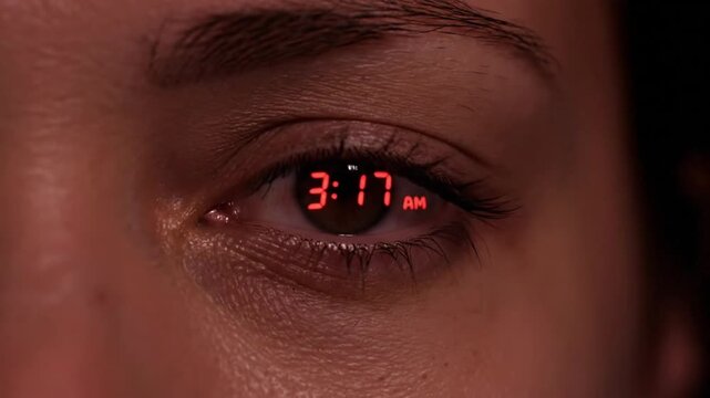 A close-up of a human eye displaying the time 3:17 AM in a digital red font