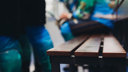 Hockey match game on ice rink arena stadium, team of ice hockey professional players with coach, stick and puck, team of hockey players in protective sport uniform training, hockey league championship