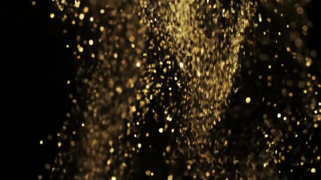 Shimmering golden dust particles and glitter continuously cascade in ethereal rain against an absolute black void. Wide video with shallow depth of field and cinematic backlighting. Festive overlay