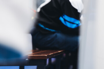 Hockey match game on ice rink arena stadium, team of ice hockey professional players with coach,...