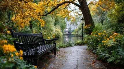Fototapeta premium Autumn in the Park: Bench Overlooking Pond with Yellow Foliage and Flowers