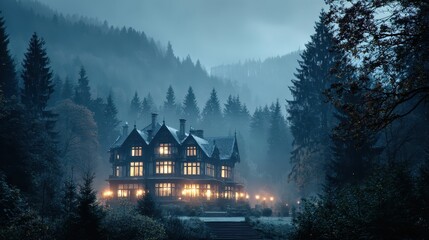 Fototapeta premium Majestic Mansion in Foggy Forest at Night with Glowing Windows