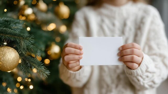Kid&rsquo;s hand grasping a white paper sheet near pine branches and golden baubles, emotion of warmth and excitement visible, representing Christmas letter concept, holiday stationery design, and