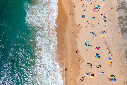 Overhead drone shot of tourist and colorful parasols on sandy seashore, showing people enjoying summer vacations at beach during sunny day 
