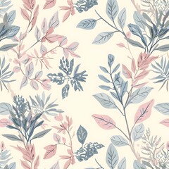 Fototapeta premium Pastel botanical seamless pattern with hand-drawn leaves and elegant floral shapes, soft natural texture
