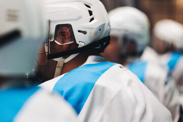 Hockey match game on ice rink arena stadium, team of ice hockey professional players with coach,...