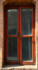 Obraz premium A classic double-paned wooden window with a rich cherry finish set within a brick wall facade, a perfect background for digital Wallpaper