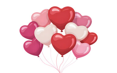 Bunch of shiny heart shaped balloons tied together for a romantic celebration event is isolated on a transparent background.