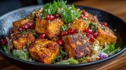 Fototapeta premium Delicious Fried Tofu Salad with Pomegranate Seeds and Fresh Herbs