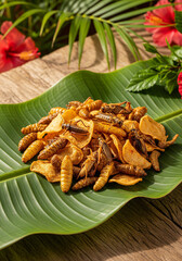 Crispy fried insect snack served on a wooden plate with chili and lime