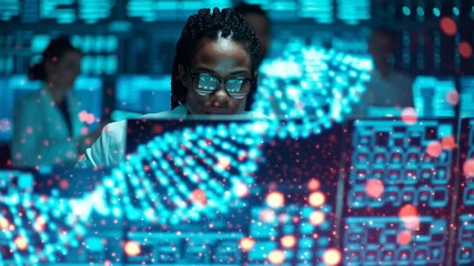 Scientist analyzing digital dna strand in futuristic laboratory - Powered by Adobe