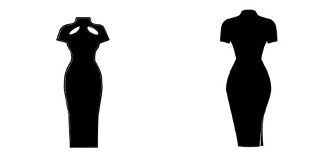 A fashion woman design style model is depicted in a technical drawing of a body-con maxi dress with cap sleeves and an asymmetric neck slit, presented as a flat sketch cad mockup with elastic
