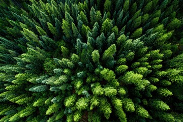 Aerial View of Dense Green Pine Forest Canopy Sunlight Shining Down on the Treetops Forming an Abstract Pattern of Natural Texture Environment