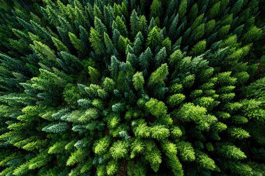 Aerial View of Dense Green Pine Forest Canopy Sunlight Shining Down on the Treetops Forming an Abstract Pattern of Natural Texture Environment - Powered by Adobe