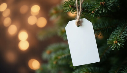 Blank white tag hanging on Christmas tree with bokeh background