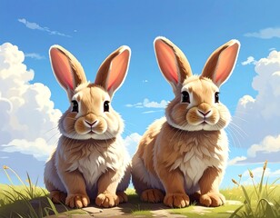 Two adorable rabbits sitting in the grass with a beautiful blue sky background