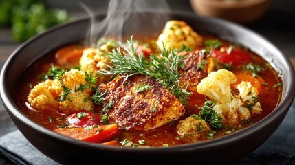 Fototapeta premium Delicious Cauliflower Soup with Tomatoes, Carrots, and Fresh Herbs