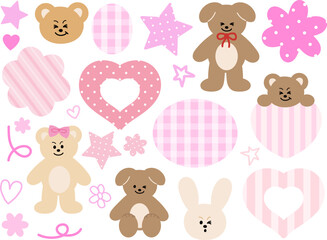 Cute vector illustrations of teddy bear, puppy, pink hearts, stars, text bubbles for animal, zoo, pet shop, cartoon character, decorations, stickers, cute patch, brooch, pin, name tag, name tag