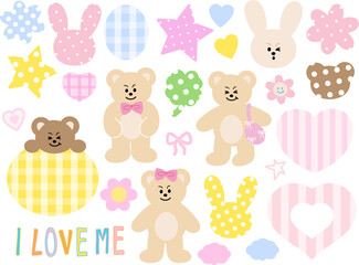 Obraz premium Cute vector illustrations of teddy bear, bunny, pink hearts, stars, text bubbles for animal, zoo, pet, cartoon character, decorations, stickers, cute patch, brooch, pin, name tag, name tag, easter